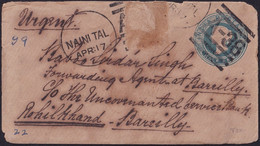 India 1917 QV Blue Die Cover From Nainital To Bombay British URGENT RARE (**) Inde Indien - Andere