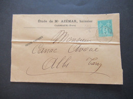 Frankreich 1893 Sage Umschlag Etude De Me Azémar, Huissier / Gerichtsvollzieher Carmeux (Tarn) - Albi Papiers D'Affaires - 1876-1898 Sage (Type II)