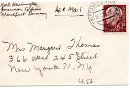 57174 - Bund - 1956 - 60Pfg. Heuss I EF A LpBf FRANKFURT -> New York, NY (USA) - Cartas & Documentos