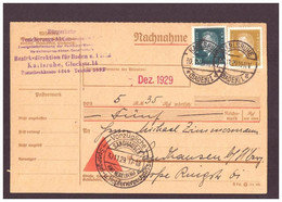 Dt. Reich Nachnahme Karte 30.11.1929 Versicherungs AG - Karlsruhe Sandhausen - Sonstige & Ohne Zuordnung