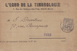 NORD - DOUAI - SAGE - N°87 - 3c SEUL SUR BANDE L'ECHO DE LA TIMBROLOGIE EN 1894 - BANDE INCOMPLETE AU VERSO - COTE 150€. - 1877-1920: Periodo Semi Moderno