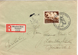 51391 - Deutsches Reich - 1942 - 42Pfg. Braunes Band EF A R-Bf MUENCHEN-RIEM - ... ALPENPREIS 1942 -> LANDSBERG (WARTHE) - Horses