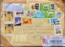 FRANCE 2022,REGISTERED AIRMAIL COVER TO INDIA 18 STAMPS FACE VALUE THAN 12 € BIRD,LAMB,QUEEN,FLOWER,LOVER ,SHIP,HEART ,L - Briefe U. Dokumente