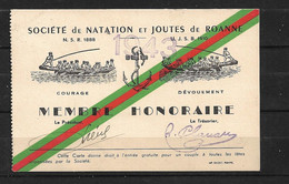 Carte De Membre Honoraire Société De Natation Et Joutes  De Roanne  Année 1943 B/TB  Voir Scan   - Natation
