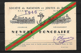 Carte De Membre Honoraire Société De Natation Et Joutes  De Roanne  Année 1946 B/TB  Voir Scan   - Natation