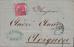 ITALIE - NAPLES - LETTRE POUR AVIGNON -FRANCE - ENTETE F.BRUNNER FONTAINE - AVEC TEXTE ET SIGNATURE - 25 JANVIER 1873 - Marcophilie