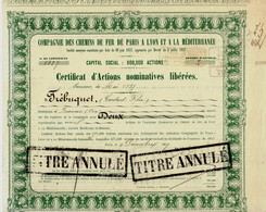 RARE 1857 ACTION DE L ANNEE DE CREATION DE La CIE DES CHEMINS DE FER DE PARIS à LYON ET à La MEDITERRANEE  P.L.M. PARIS - Railway & Tramway
