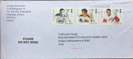 CANADA 2017,USED COVER TO INDIA,MAURICE RICHARD BOBBY ORR & GORDIE HOWE 3 STAMPS ROLLER MACHINE CANCELLATION - Storia Postale