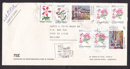 Argentina: Registered Cover To Netherlands, 1988, 8 Stamps, Flower, Flowers, Painting, Art, R-label (2 Stamps Damaged) - Lettres & Documents