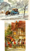 2 Cartes Calèche- Kutsche Mit Pferden -carriage With Horses , Old Car- Koets Met Paarden, Oude Auto - Nieuwjaar