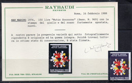M20p5 - SAN MARINO 1976 : Mutuo Soccorso N. 969 Colori Fortemente Spostati *** Cert Raybaudi - Variétés Et Curiosités