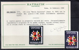 M20p5 - SAN MARINO 1976 : Mutuo Soccorso N. 969 Colori Fortemente Spostati *** Cert Raybaudi - Errors, Freaks & Oddities (EFO)