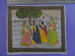 Peinture Indienne Sur Soie Synthétique Vers 1970 Fantaisie Naïveté Costumes Bijoux - Arte Oriental