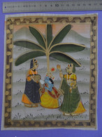 Peinture Indienne Sur Soie Synthétique Vers 1970 Fantaisie Naïveté Costumes Bijoux - Oriental Art