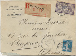 LETTRE RECOMMANDEE SAINT-LO - AFFRANCHIE N° 140 ET 144 -  ANNEE 1924 -ENTETE LETTRE CONSIL DE PREFECTURE DE LA MANCHE - - 1921-1960: Période Moderne