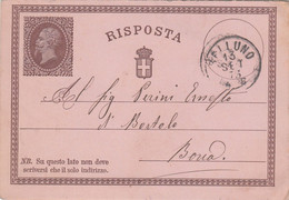 RC045 INTERO POSTALE C2 RISPOSTA - BELLUNO X BORCA 13 SETT 1875 - Entero Postal