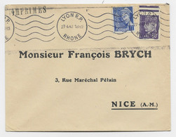 FRANCE PETAIN 60C VIOLET +10C MERCURE LETTRE LYON RP 27.4.1942   AU TARIF IMPRIME - 1938-42 Mercurius