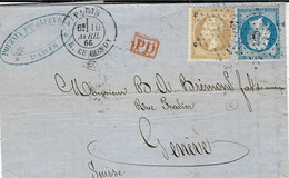 1866- Lettre Cad  De PARIS / R. DE BONDY   Affr. N°21 + N°22 Oblit. étoile 5 Pour Genève - 1849-1876: Klassik