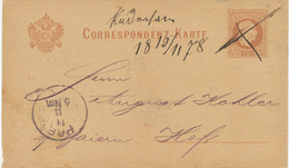 ÖSTERREICH 1878 2Kr Kaiser Franz Joseph GA-Postkarte M Extrem Seltene Federzugentwertung + ORTSNAME N HOF, Bayern, R! - Briefe U. Dokumente