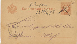 ÖSTERREICH 1878 2Kr Kaiser Franz Joseph GA-Postkarte M Extrem Seltene Federzugentwertung + ORTSNAME N HOF, Bayern, R! - Cartas & Documentos