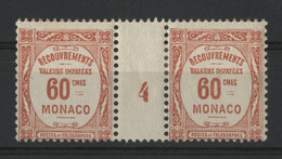 MONACO TIMBRE TAXE N° 16 Paire Du 60 Ct Rouge Avec Millésime 4 Neuve * (MH) Cote 15 €. TB - Postage Due