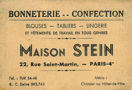 Paris 4ème * Bonneterie Confection Maison STEIN 22 Rue St Martin * Carte De Visite Ancienne - District 04