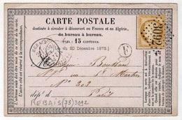 !!! CARTE PRECURSEUR CERES GC 3092 ET CACHET DE REBAIS (SEINE ET MARNE) 1875 ORIGINE RURALE - Precursor Cards