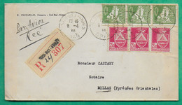 N°48 + 180 BANDE DE 3 RECOMMANDE SIDI BEL ABBES ORAN ALGERIE PAR AVION POUR MILLAS PYRENEES ORIENTALES - Airmail