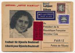 ALLEMAGNE EST - Carte Pétition Pour La Libération De Djamila Bouhired - 1958 - DDR => Président Coty (Guerre D'Algérie) - Covers & Documents