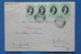 L4 CHYPRE CYPRUS BELLE LETTRE  1953 NICOSIA POUR  ESHER SURREY U.K +BANDE DE 4 QUEEN +++AFFRANCH. PLAISANT - Chypre (...-1960)