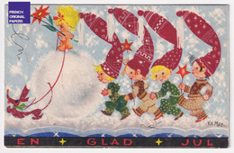 Kempe God Jul Noël Christmas Petite CPA De Suède 1935 Enfants Neige Bébé Chien Basset Art Deco Teckel ? Hiver A68-71 - Otros