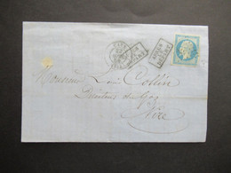 Frankreich 1858 Napoleon III. Nr.13 Rautenstempel Caen Und 2x Stempel Ra3 Apres Des Depart Nach Nizza Gedruckter Brief - 1853-1860 Napoléon III