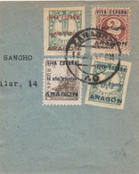 CRSPA010 SELLOS ESPAÑA PATRIOTICOS ZARAGOZA Nº CAT 41-43 (Y CAMBIO DE COLOR) FRAGMENTO CIRCULADO 20 - Collections