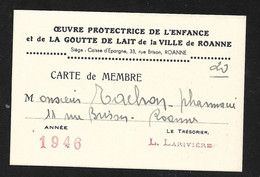 France Carte De Membre Protection De L'enfance "La Goutte De Lait " Roanne Année 1946 B/TB Voir  Scan  - Pharmacie