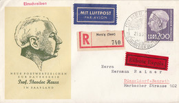 Saarland R-Luftpost-Eilbote-Brief EF Minr.399 Merzig 25.5.57 FDC Gel. Nach Düsseldorf - Lettres & Documents
