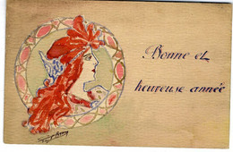 PORTRAIT ART NOUVEAU   AQUARELLE  SUR CARTE POSTALLE  ANCIENNE  -    SIGNEE BRASIER - Aquarelles