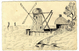 PAYSAGE MARINE AVEC UN MOULIN   ENCRE SUR CARTE POSTALLE  ANCIENNE  -    SIGNEE ALINE - Aquarelles