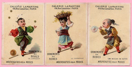 3 Chromos Galerie Lamartine, Mercerie, Ganterie, Ornements De Robes. Le Jongleur, La Corbeille, Les Bulles De Savon. - Lu