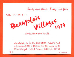 Etiquette Neuve De Vin Beaujolais Villages Vin Primeur 1979 Ets Cordier à Toul  - 98 Cl - Beaujolais