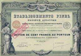 ETABLISSEMENT PINEL -GRENOBLE-TRES BELLE ACTION ILLUSTREE DE 100 FRS - ANNEE 1929 - Industry