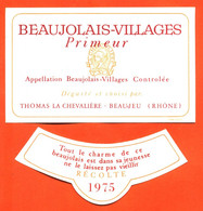 Etiquette + Collerette Neuve De Vin De Beaujolais Villages Primeur Récolte 1975 Thomas La Chevalière à Beaujeu - Beaujolais