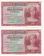 PAREJA CORRELATIVA DE 10 PESETAS DEL AÑO 1935 SIN SERIE SIN CIRCULAR (SC) CERTIFICADO DE PLATA - 10 Peseten