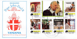 TANZANIA - 1992 - POPE JOHN PAUL II -  BLOCK STAMPS - OFFICIAL FIRST DAY OF ISSUE - ENVELOPE COVER - SOUVENIR B7 - Päpste