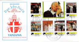 TANZANIA - 1992 - POPE JOHN PAUL II -  BLOCK STAMPS - OFFICIAL FIRST DAY OF ISSUE - ENVELOPE COVER - SOUVENIR B7 - Päpste