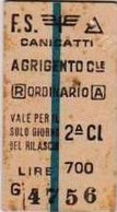 Biglietto Treno   -  CANICATTI'  /  AGRIGENTO CENTRALE  -   Del  04. 06.  1970 - Europe