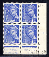 YT-N°: 407 - MERCURE R.F., Coin Daté Du 17.12.1939, Galvano K De K+L, 1er Tirage 3e Partie, NSC/**/MNH - 1930-1939