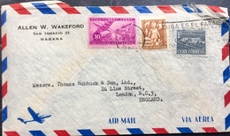 CUBA 1957, ALLEN W WAKEFORD AIRMAIL COVER USED TO ENGLAND 3 STAMPS,AEROPLANE,STACKING SUGAR IN SACK ,T.B ,FUND ,CHILD - Lettres & Documents