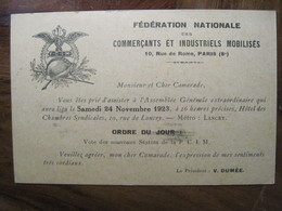 FRANCE 1929 Imprimé PP Mobilisés Grande Guerre 1914 1918 Morteau Fédération Nationale Commerçants Et Industriels - Lettres & Documents