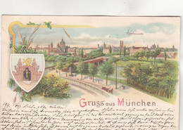 A9340) GRUSS Aus MÜNCHEN - Totalansicht - Kutsche Gleise - Brücke - Häuser Kindle - ALT !! 1897   LITHO - Muenchen