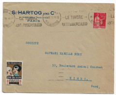 PARIS 21 R Bastille Lettre Entêt HARTOG 50c Paix Rouge Yv 283 Ob Meca Krag Antituberculeux B021106 Etiquette 1932 - Oblitérations Mécaniques (Autres)